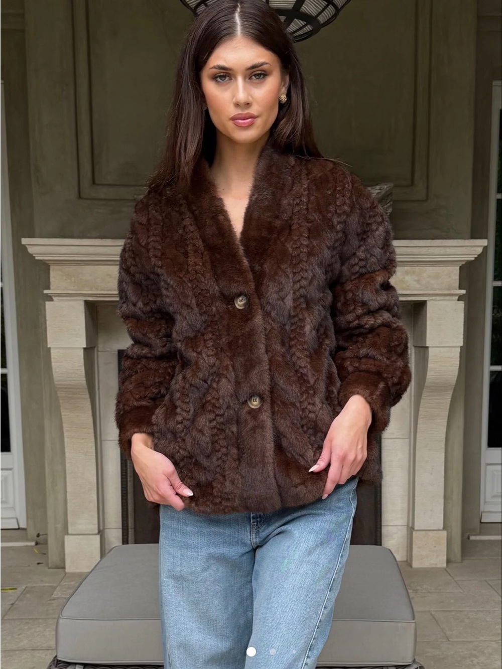 BenaarLa Brown Faux-Fur Cable Knit Jacket - Women's in M/L: never worn